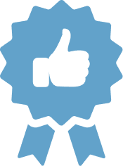 Blue badge with thumbs-up icon.